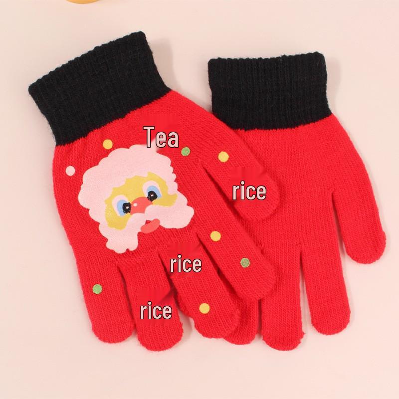 Children's Cute Cartoon Knitted Christmas Gloves - Five-Finger Warm Style for Boys and Girls