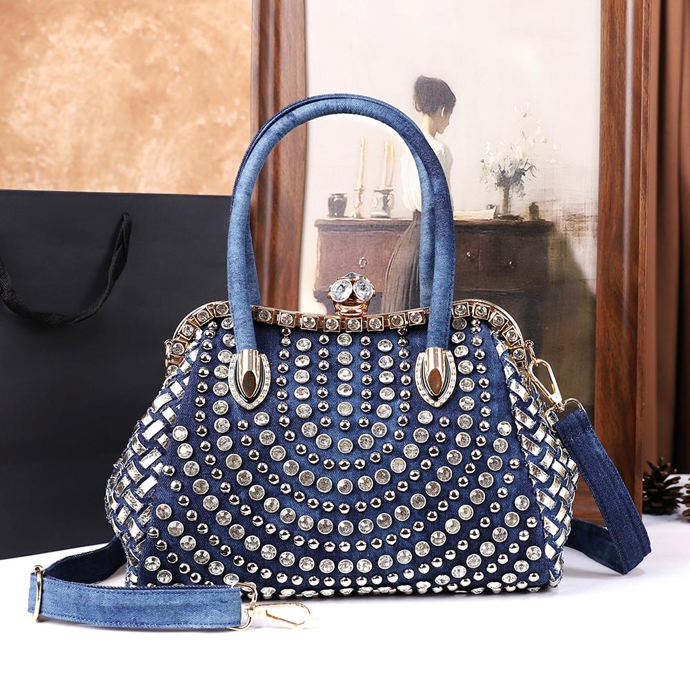 New Women'S Fashion Washed Denim Tote Bag, Large-Capacity Elegant Diamond-Encrusted Single-Shoulder Crossbody Bag