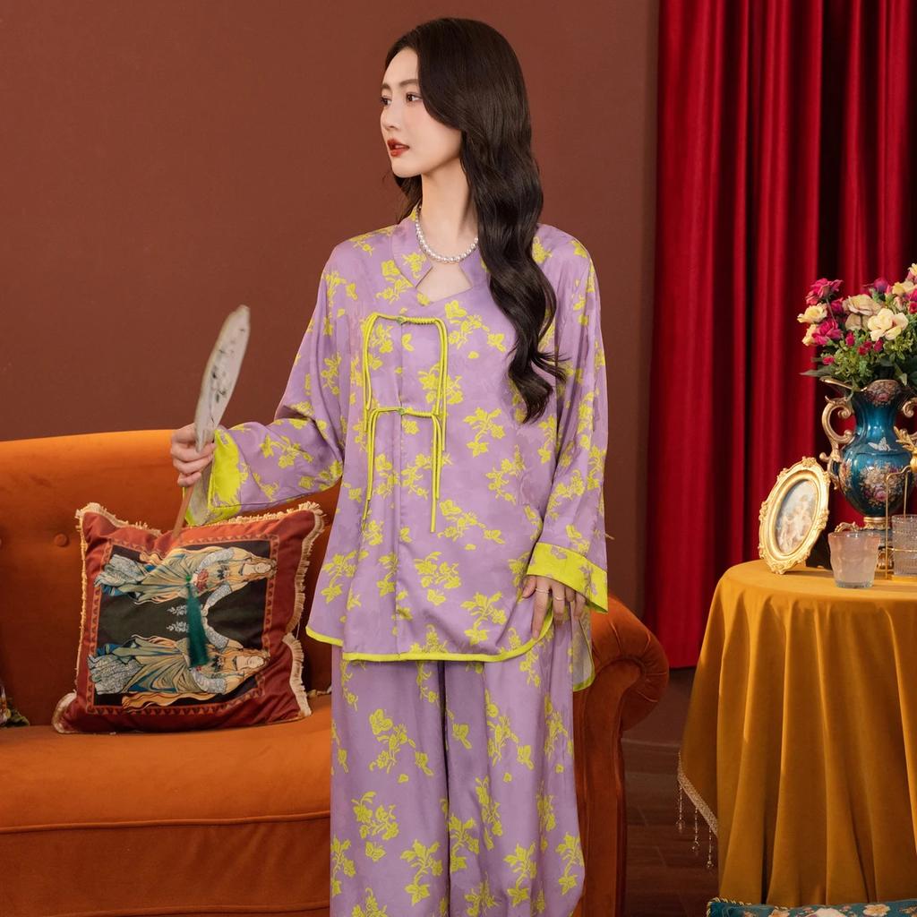 Da Vinci password 1011 spring and summer ice silk pajamas women's simulated silk loungewear can be worn outside the new Chinese style