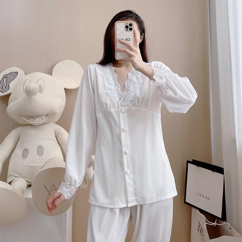 Women Sexy Pajamas Set 2PCS Shirt&Pant Velvet V-neck Lace Trouser Suits Loose Home Clothes Lounge Wear Long Sleeved Pijamas