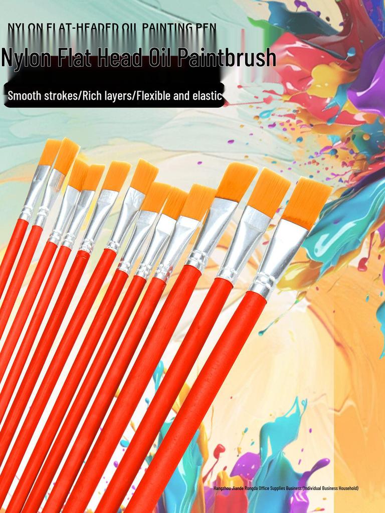 Red Handle Nylon Flat Brush Set for Oil, Acrylic, Watercolor & Gouache