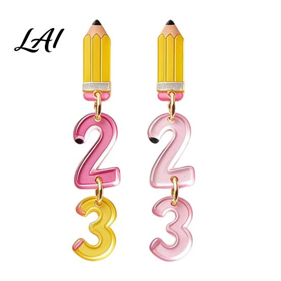 Fun Back to School Jewelry 1 Pair Teacher Earrings for Women Cute 2D Acrylic Crayon Pencil Backpack Appreciation Day Number Alphabet Earrings First