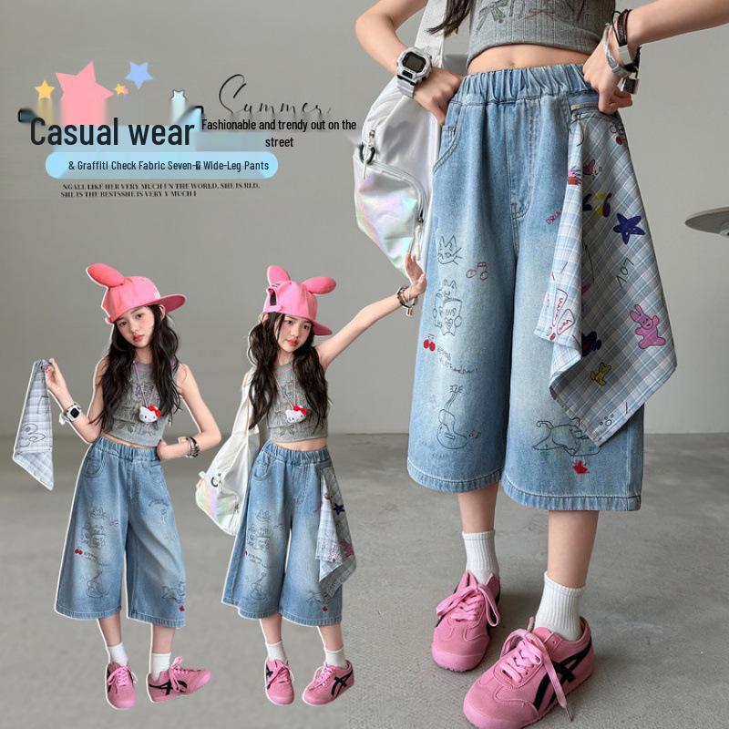 Summer 2026 Cartoon Graffiti Girls' Wide-Leg Jeans - Medium & Large Sizes, Thin Seven-Quarter Length