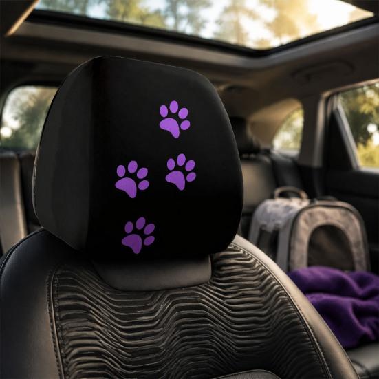 Durable Polyester Car Seat Accessories 2Pcs Universal Headrest Cover with Purple Cat Paw Print, Elastic Personalized Vehicle Sleeves Protector