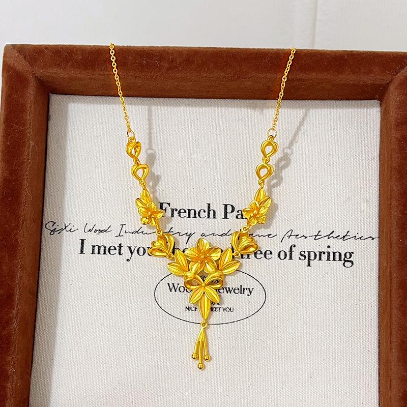 Niche Light Luxury  Flowers Moon Wonderful Seasons  Three-Life Flower Tassel Necklace Copper Golden Vintage Floral Chain Gift 45cm
