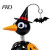 Fall Harvest Decorations Halloween Metal Crow Pumpkin Figurine, Wrought Iron Raven Statue with Witch Hat, Spooky Decor LED Candle Holder