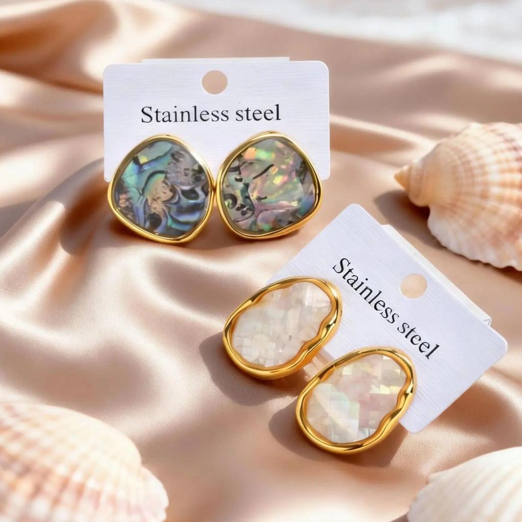 Unique Design Irregular White Shell Stainless Steel Stud Earrings for Women, Elegant High-quality Abalone Shell Jewelry Gifts