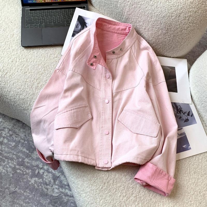 Women Color Denim Cropped Baseball Jacket Spring Korean Casual Round Neck Zip Up Outerwear for Petite Girls