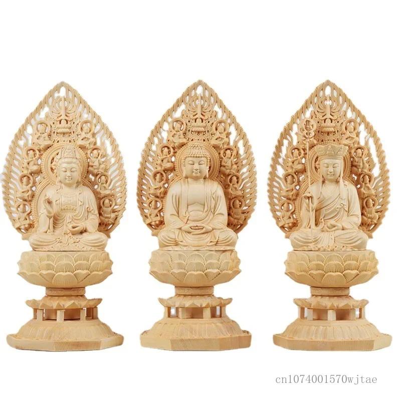 Yellow Poplar Wood Hand Carving Crafts, Western Three Saints' Chairs, Buddha Statue, Sitting Lotus Sculpture, Decoration, 1Pc