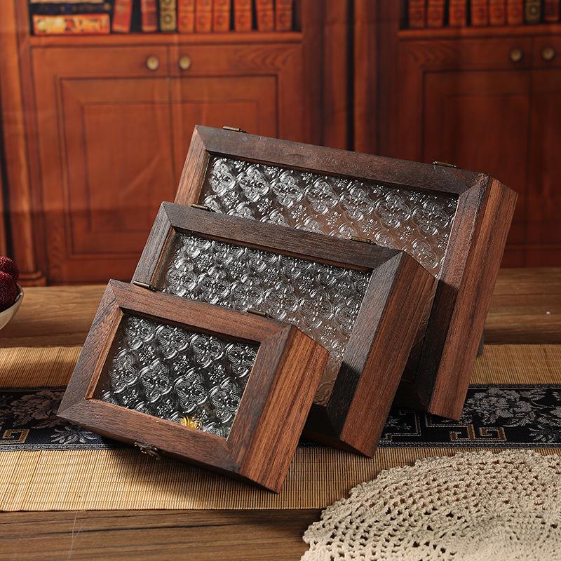 Retro Begonia Glass Lid Wooden Storage Box for Cosmetics, Snacks, Candy, and Documents - Dustproof and Multifunctional