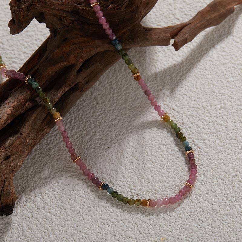 S925 Sterling Silver With Natural Color Treasure Tourmaline Beaded Necklace Women'S Clavicle Chain Xiaohongshu Earrings
