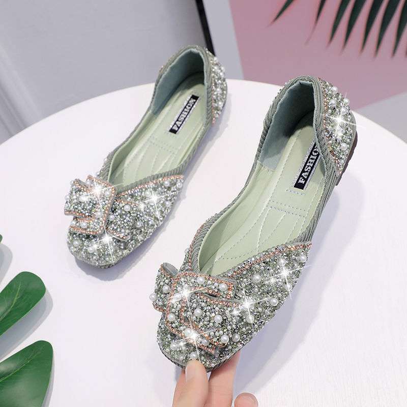 Shoes Women's 2025 New Korean Version Shallow Mouth One-pedal Single Shoes Women's Pearl Rhinestone Women's Shoes Single Shoes Evening Shoes Soft Sole