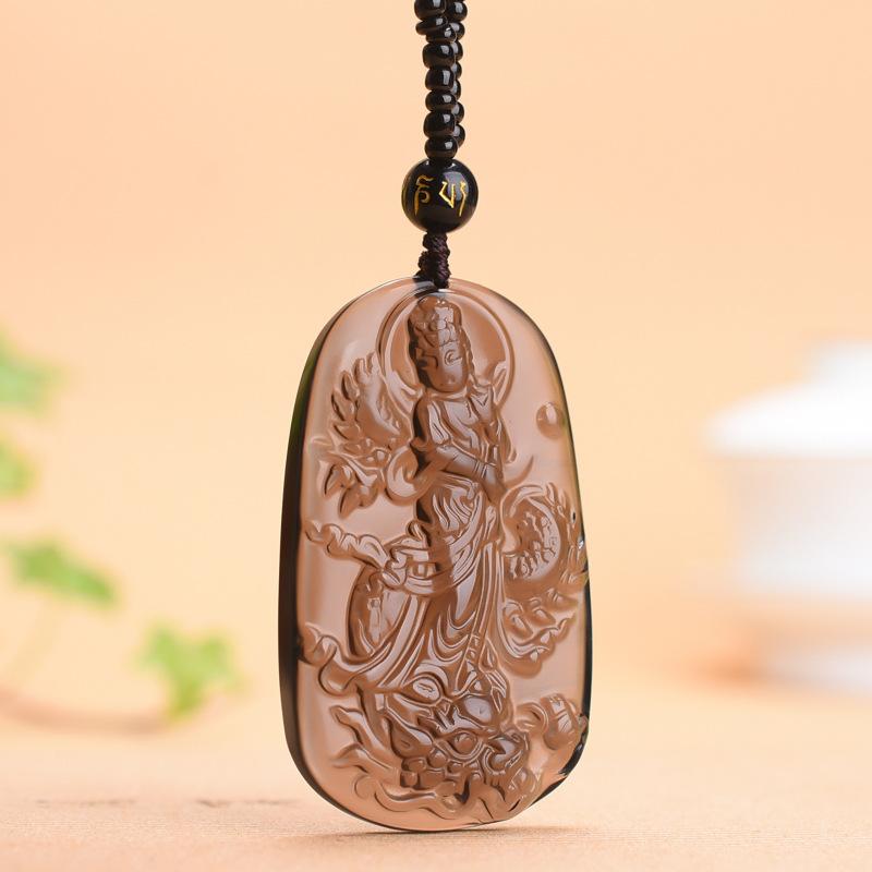 

Natural Ice Obsidian Jade Pendant W/ Beads Cord Necklace Buddha Guan Yin Charm