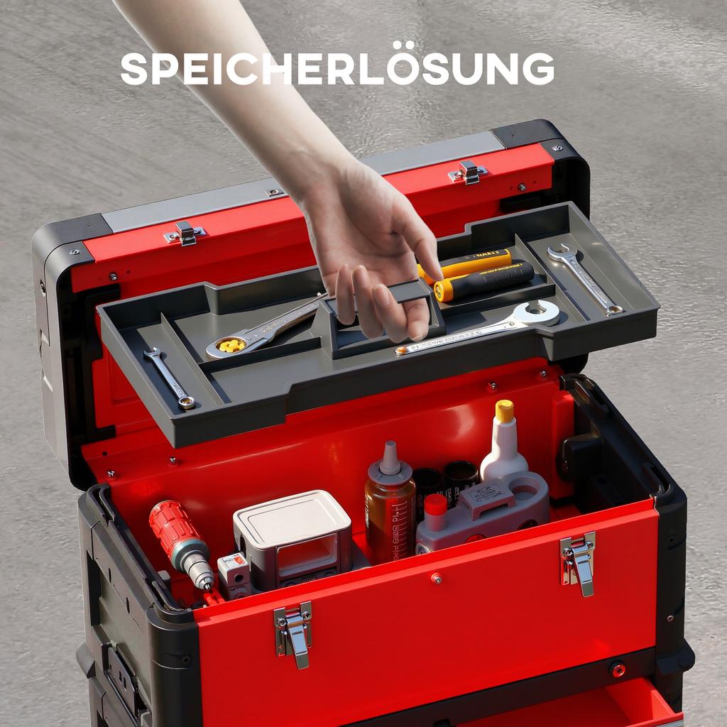 3-Tier Interlocking Steel and Plastic Toolbox Set with Wheels