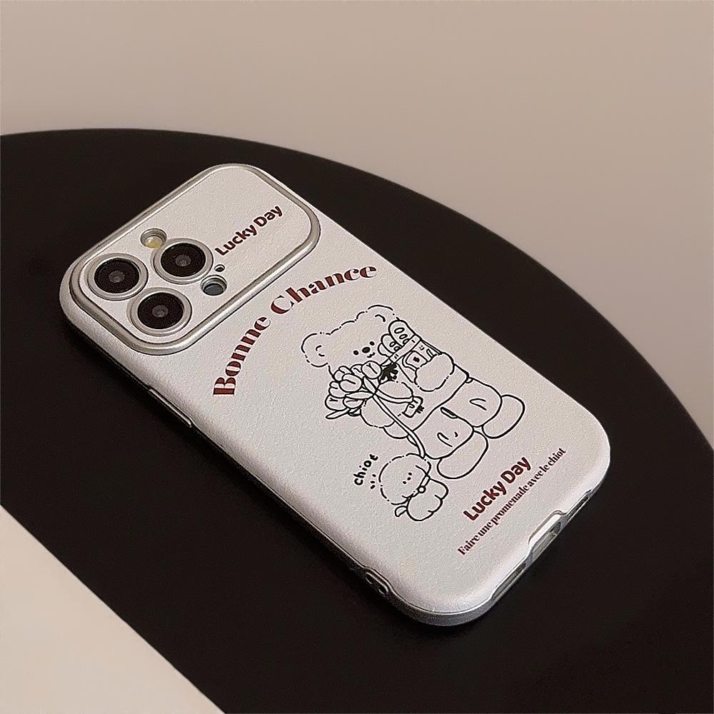 Korean Style Ins Leather Bear Suitable for IPhone14 Apple 16 Mobile Phone Case 15pro Max Super Cute 11 Fresh