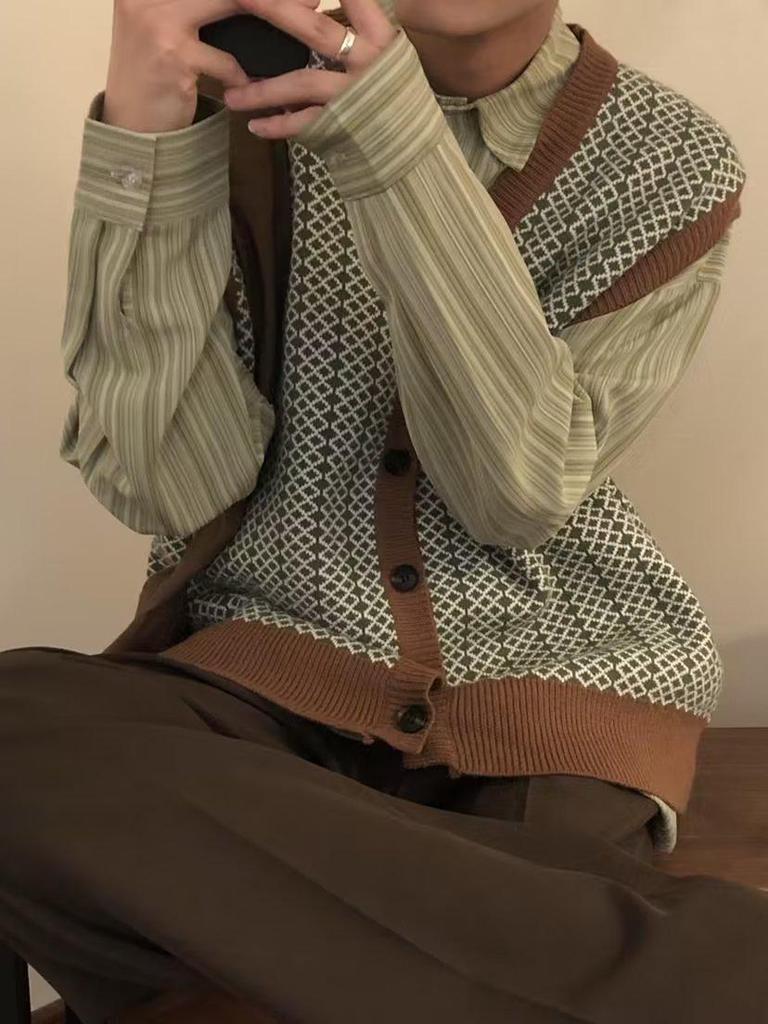 2024 Herren Kaffee Strick Cardigan Weste: Locker, Amerikanischer & Japanischer Stil, Herbst/Winter Trend