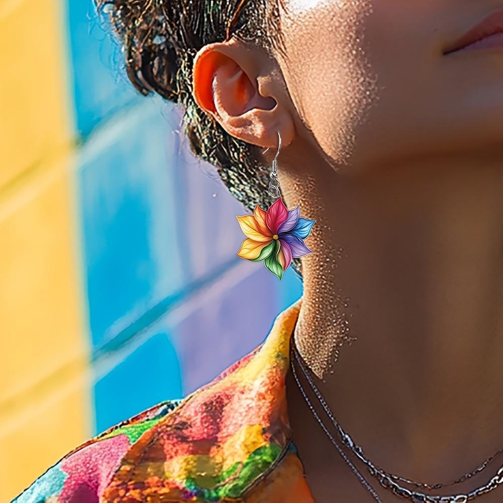 Lebendige Blütenblatt-Blatt-Hängeohrringe: Buntes Acryl-Blumendesign