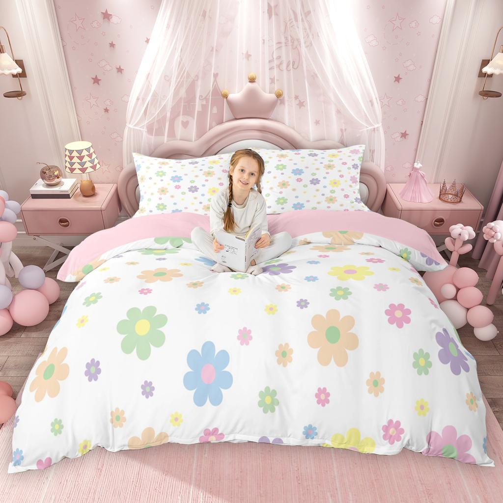 Homewish Kawaii Cherry Bowknot Duvet Cover Set Cute Groovy Flower Bed Set Cartoon Rainbow Quilt Cover Set