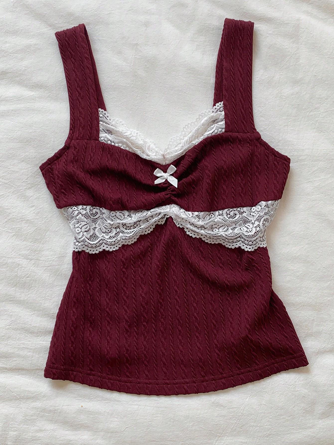 Летняя французская сексуальная кружевная пэчворк майка 2026 – Универсальный стройнящий топ Large вино красного