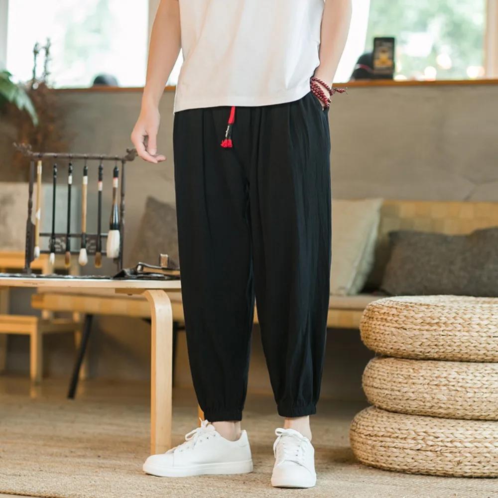 Men's Casual Solid Color Harem Pants Cotton and Linen Loose Oversize Beach Pants Jogger Sweatpants Male Wide Leg Trousers