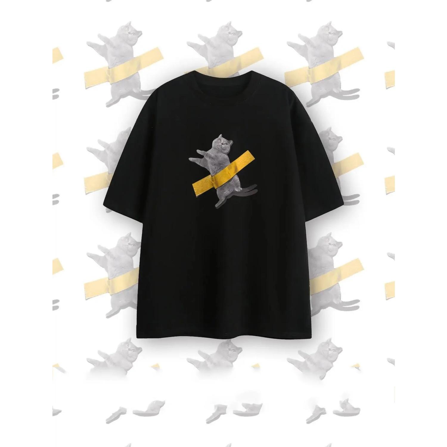 Свободные футболки Модные Забавный Принт Кота Повседневные Топы Оверсайз Хип-Хоп Новый Бренд Унисекс Футболки Женская Уличная Одежда 100% Хлопок 71303 S