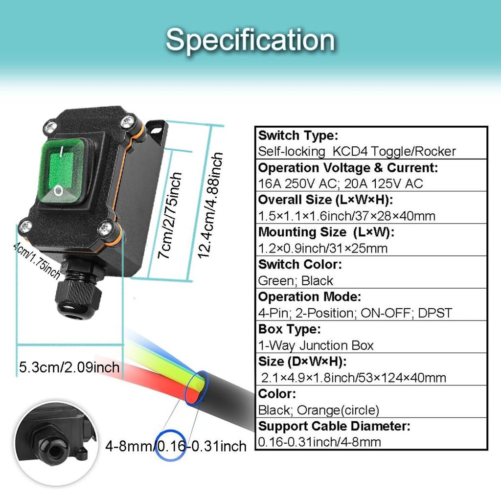 MKBKLLJY Inline Cord Box Waterproof Switch 1 Way Junction Box PG9 Cable Grand IP66
