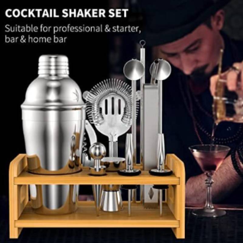 Stainless Steel Cocktail Shaker Set With Storage Wooden Rack For Home Bar Enthusiasts