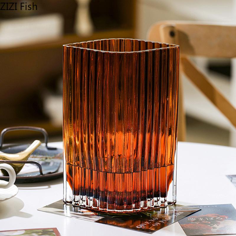 Vertical Grain Texture Glass Vase Hydroponics Plant Pots Table Decoration Flower Arrangement Floral Vases Room Aesthetic Decor