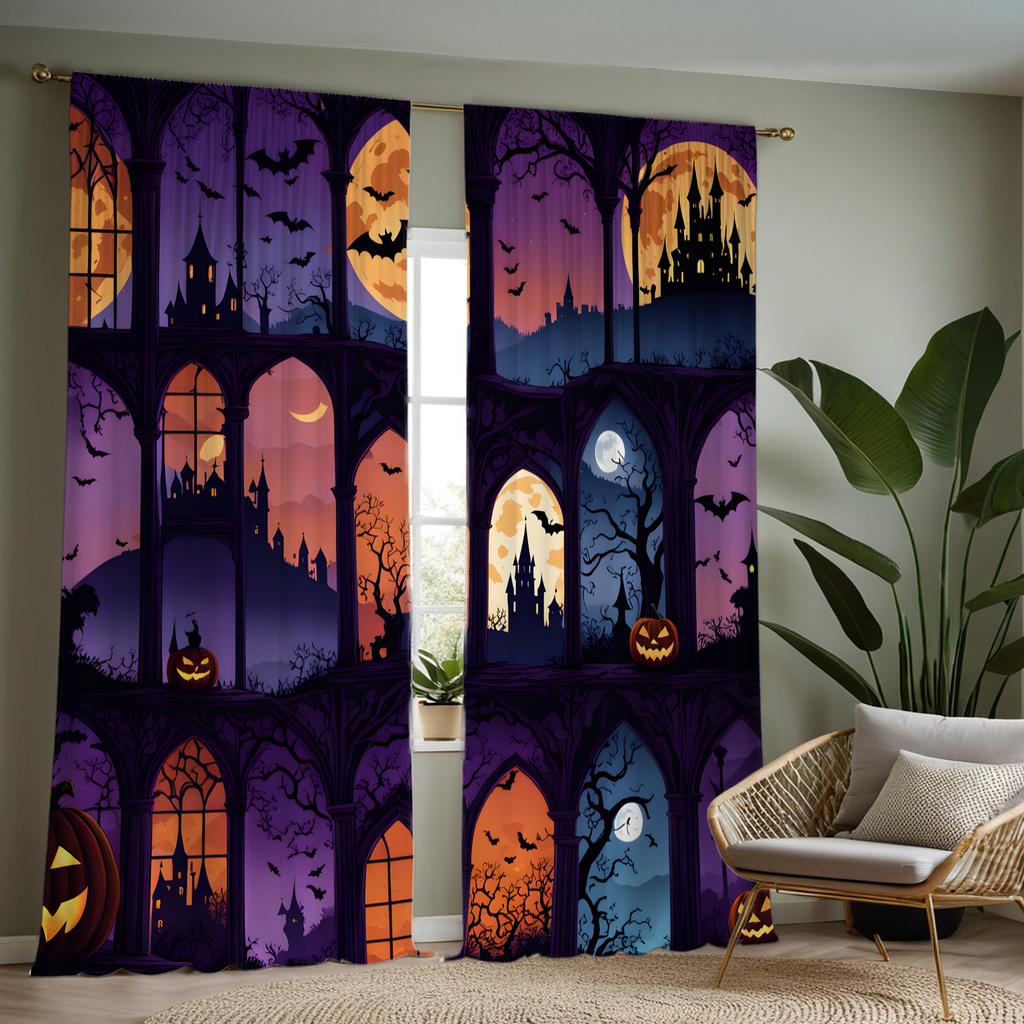 2pcs HD Halloween Night Jack-o '-lantern Castle Decoration Curtains Purple Tie Digital Printed Curtains Home Decoration Style
