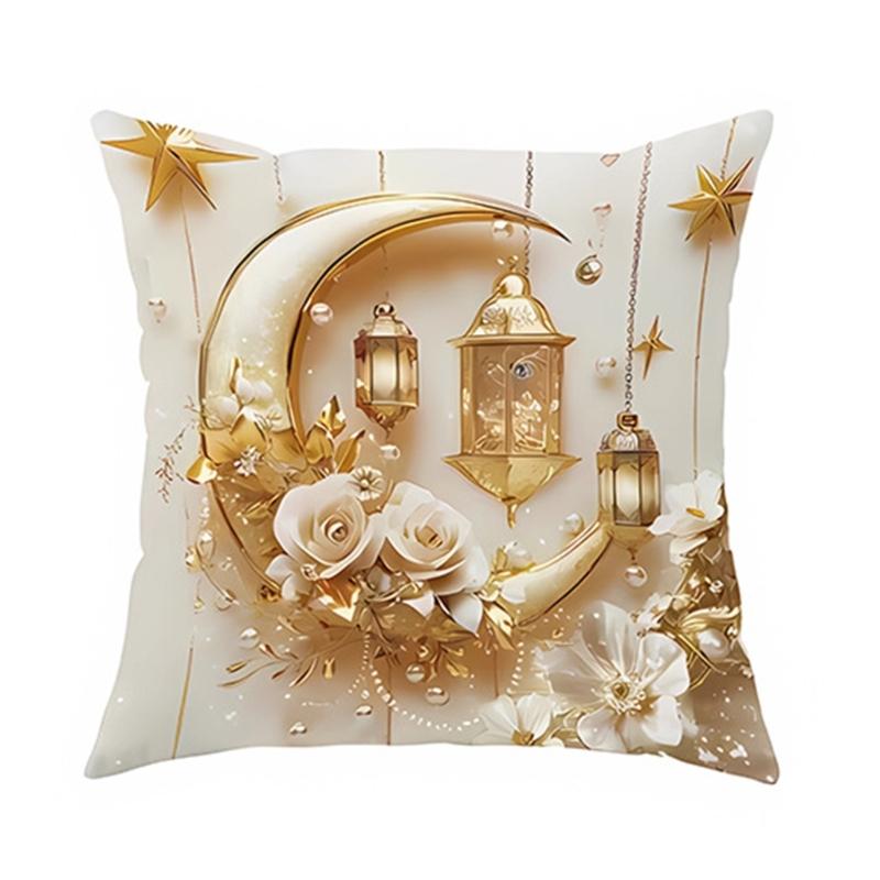Soft Short Plush Cushion Cover Gold Moon Ethnic Festival Print 45x45cm Standard Size for Home Decoration
