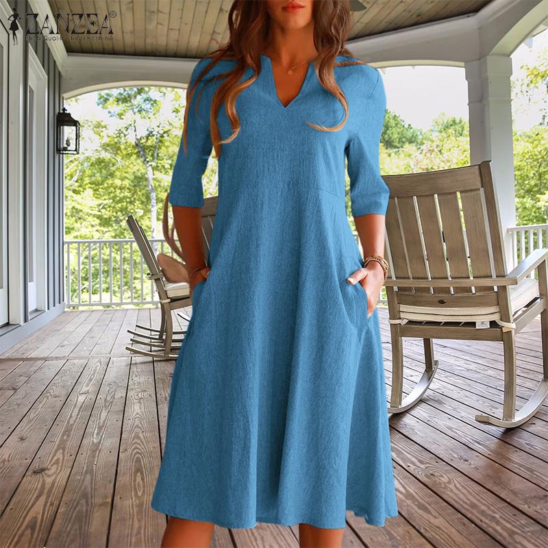 

ZANZEA Женское летнее повседневное свободное платье с v-образным вырезом и короткими рукавами
