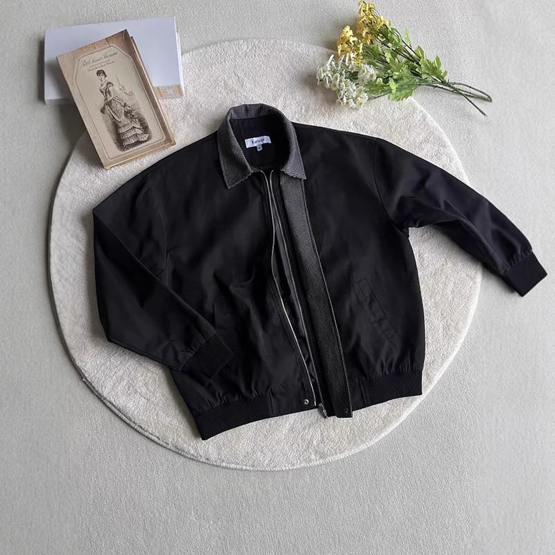 Mens Black Plaid Patchwork Collar Flight Jacket Loose Casual Streetwear Top