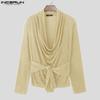 INCERUN Autumn Spring Men Swing Collar Long Sleeve Bandage Waist Casual Tops T-shirts