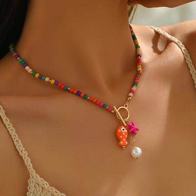 Böhmische vom Meer inspirierte Keramik-Fisch- & Seestern-Anhänger-Halskette Dopamin Regenbogenfarben Perlen Halsketten Strand-Schmuck