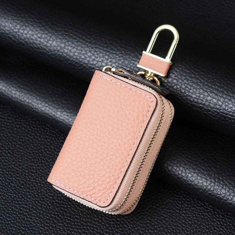 Leather Car Key Fob Case Cover Keychain Zipper Bag Protector Double Layer Pouch