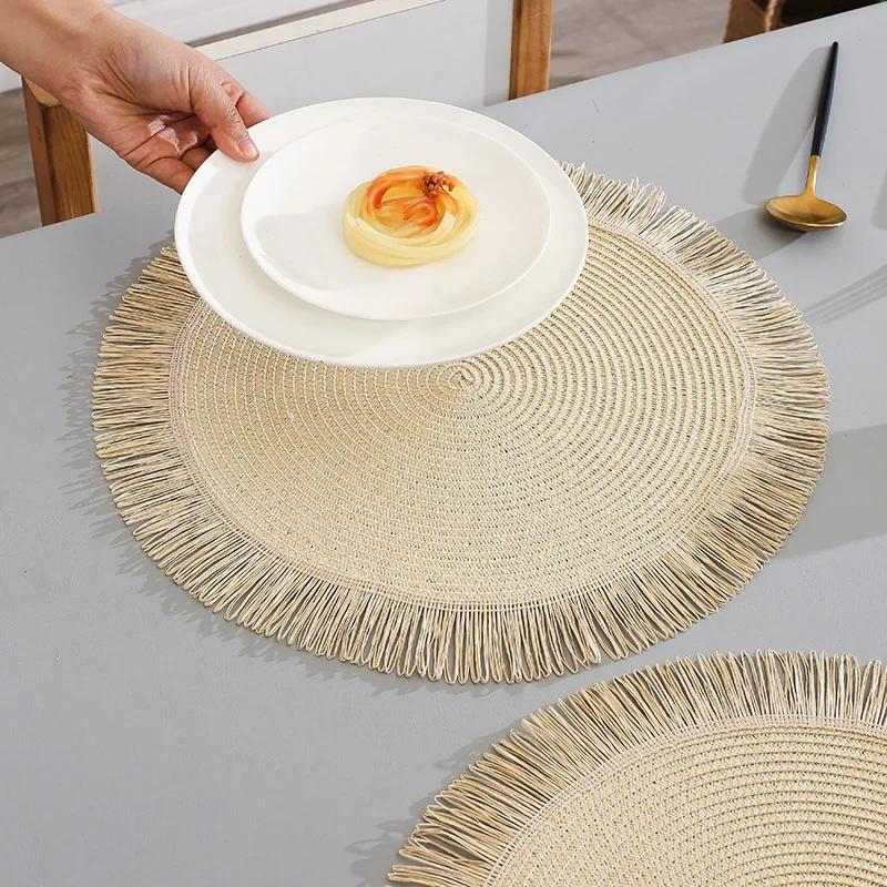 1pc Round Linen Placemats Table Mats Hand Woven Non-slip Heat Insulation Place Mats Tea Cup Pad Dining Table Decorations