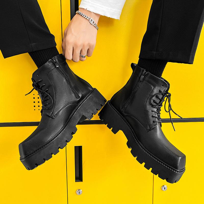 Platform High Top Shoes for Men Black Leather Dress Shoes Japan Korea All-Match Casual Wear-Resistant Footwear Chaussure Homme