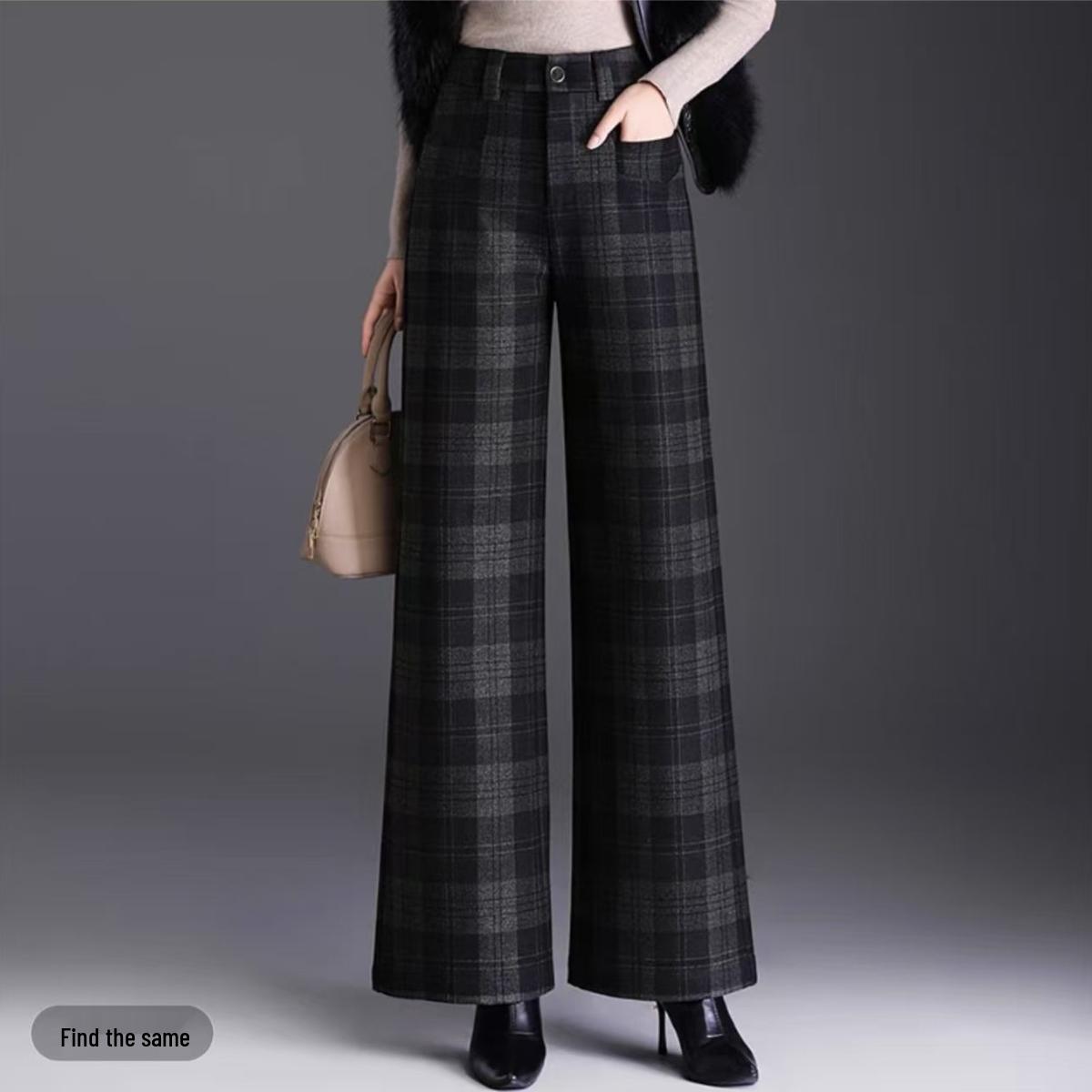 

High-Waisted Wool Plaid Wide-Leg Pants for Women - Thick, Loose, Full-Length Autumn/Winter Straight-Leg Design S (80-100 jin) - ships within 5 days