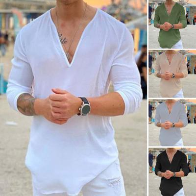 Summer Men T-Shirt Sweat Absorption Solid Color Three-quarter Sleeves V-Neck Loose Fit Shirt Top Streetwear for Men