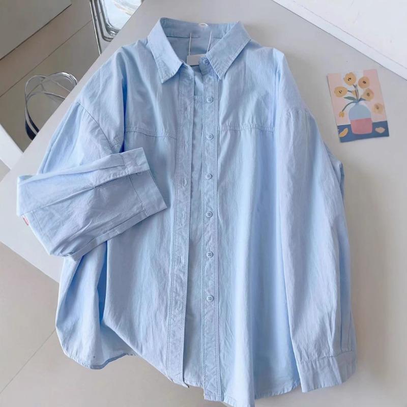 New Cotton Shirt Women Large Size Long Sleeved Loose Long Shirts Jacket Lapel Sweet Office Spring Autumn Blouse Simple Casual Tops Basic Clothing
