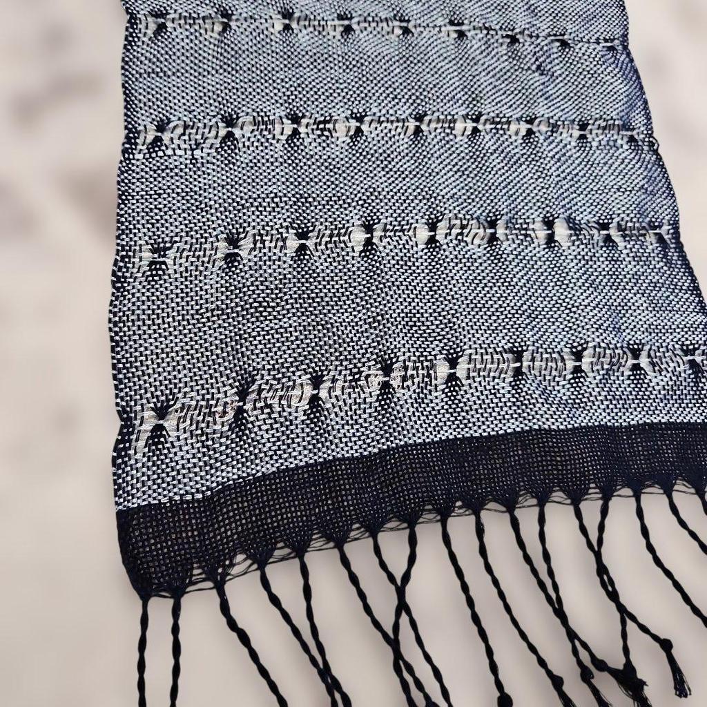 Used New, hand-woven indigo-dyed stole, silk and cotton lace weave