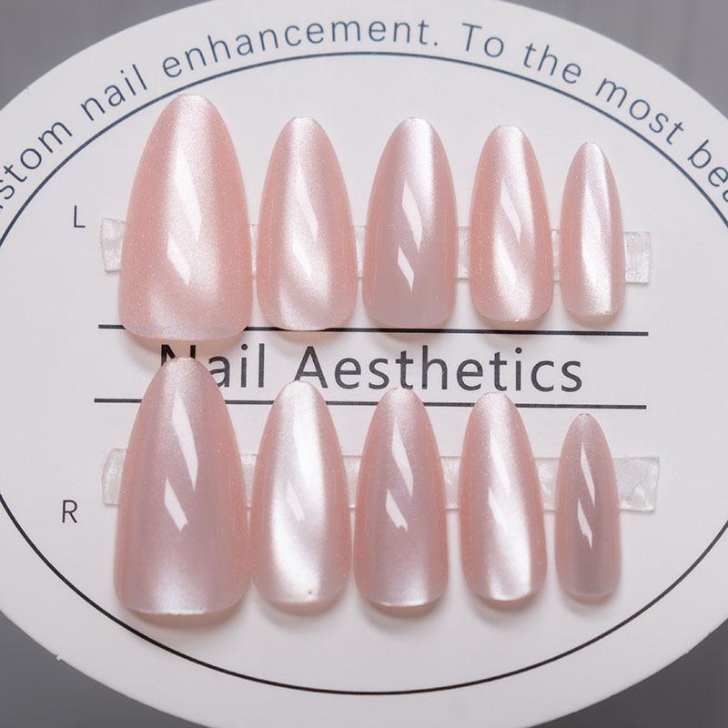 24pcs Pink Cat Eye Fake Nails Glitter Fashion False Nail Patch For Lady Women Wearable Manicure DIY Art Almond Press On Nails