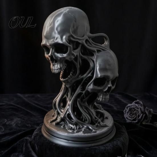 Spooky Bar Decor 3D Printed Double Skull Ornament, Resin Twisted Skeleton Figurine, Gothic Desktop Durable Halloween Table Decorations Statue for Home