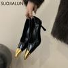 Fashion SUOJIALUN Spring New Brand Women Pumps Shoes Fashion Metal Pointed Toe Slip On Ladies Elegant Single Shoes Thin High Heel Pumps