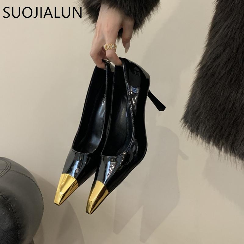 Fashion SUOJIALUN Spring New Brand Women Pumps Shoes Fashion Metal Pointed Toe Slip On Ladies Elegant Single Shoes Thin High Heel Pumps