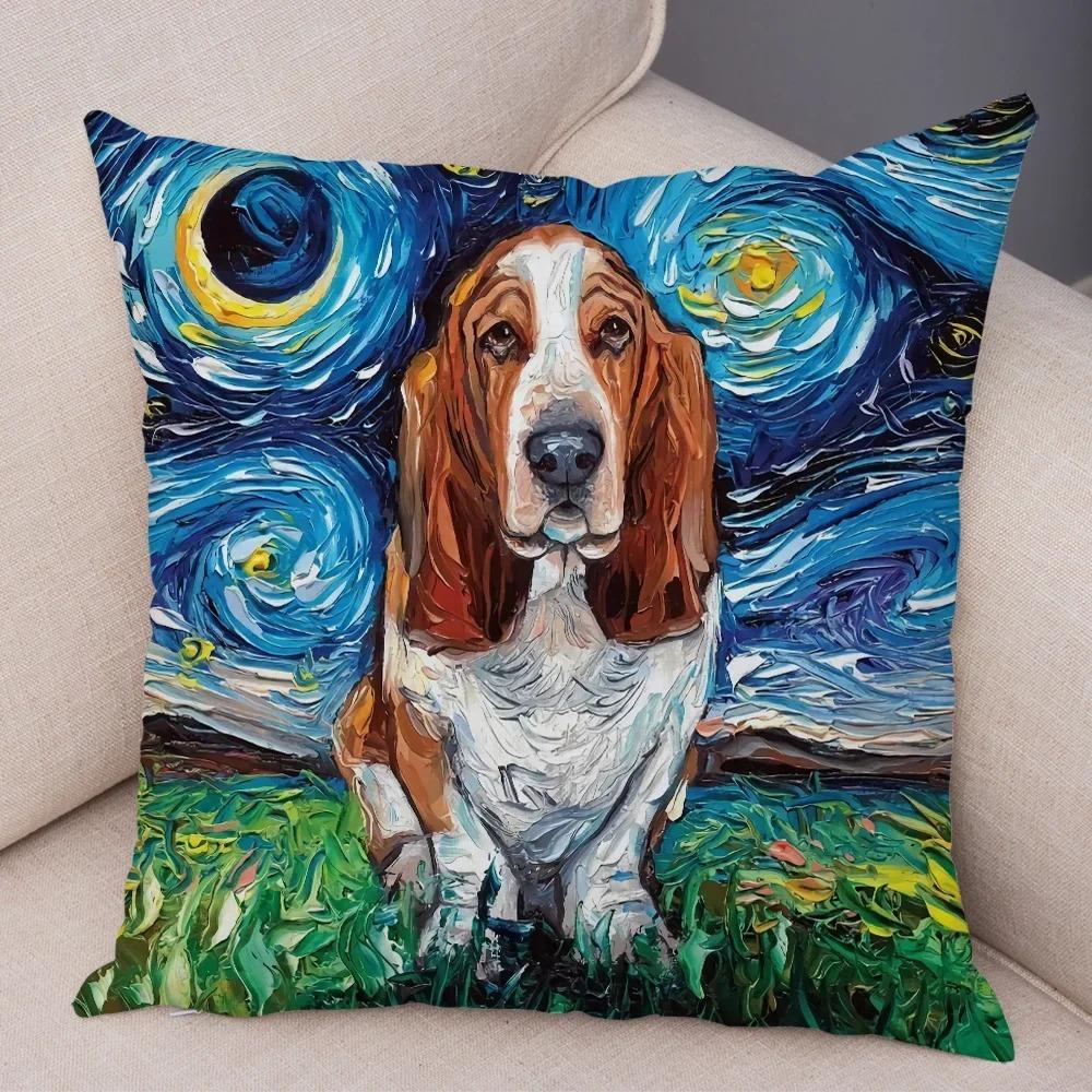 Colorful Oil Painting Pet Animal Pillowcase Starry Sky Art Cartoon Dog Cushion Cover Decorative Sofa