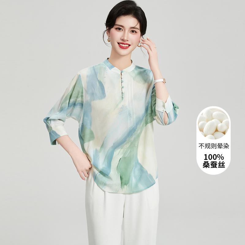 New Chinese Summer Stand up Collar Mulberry Silk T-shirt