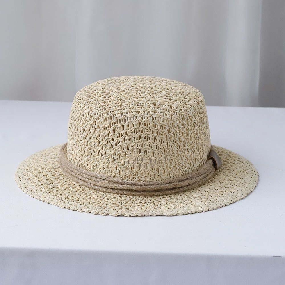 Sun Protection Straw Boater Hat Lightweight Breathable Mesh Handwoven Sun Cap Wide Brimmed Adjustable Flat Top Beach Hat