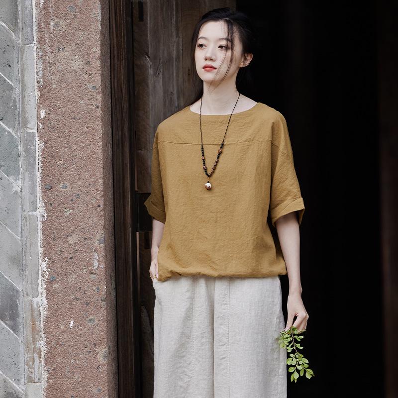 Summer Cotton Linen Women's Retro Patchwork Round Neck Short Sleeve Top