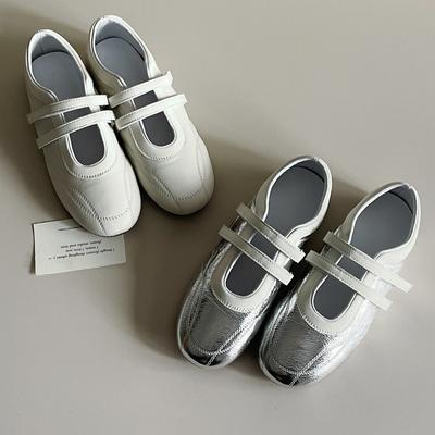 Sheepskin Silver Velcro Sports Mary Jane Shoes Versatile Round Head Casual Sneakers Women's Flat Ballet Training Shoes